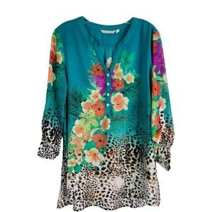 Soft Surroundings green cream floral animal print tropical semi sheer top